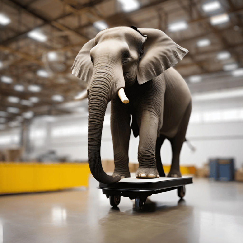 an elephant on a cart with heavy duty casters attached to the cart in a warehouse
